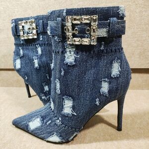 Mata Denim Rhinestone Buckle Ankle Heel Boots -C